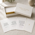 Bible verse encouragement card deck in a keepsake box with gold-edged cards