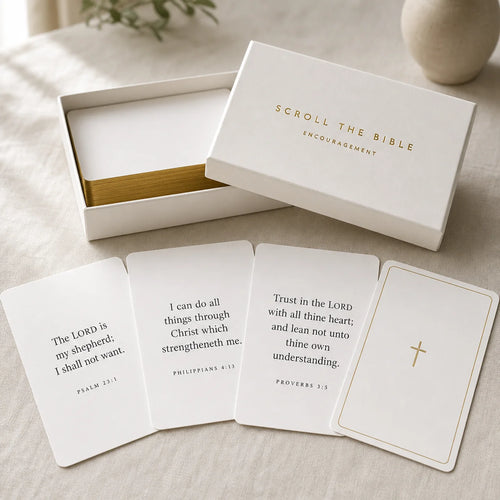Bible verse encouragement card deck in a keepsake box with gold-edged cards