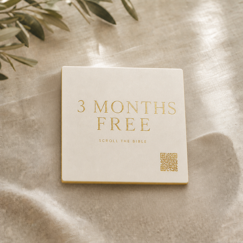 Physical Scroll the Bible card offering three months of premium app access via QR code