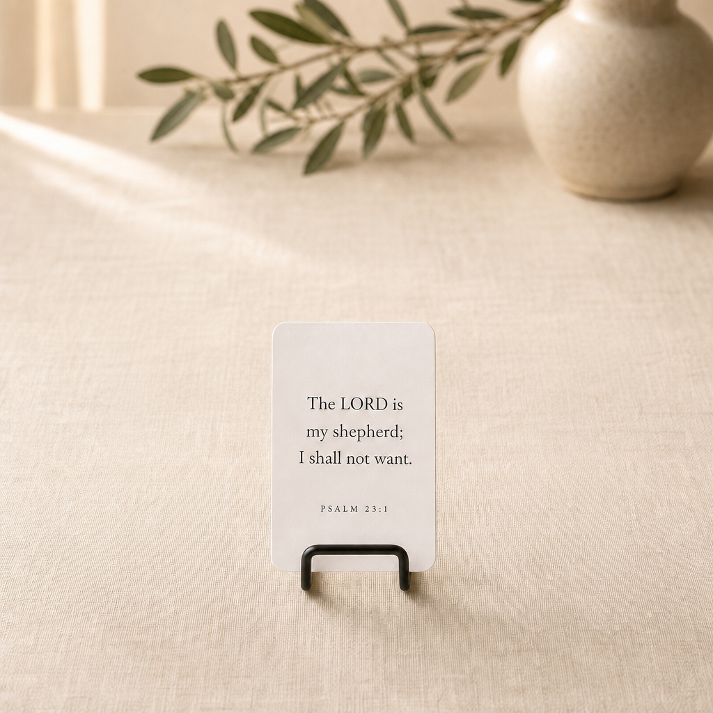 Small dark card stand displaying a Bible verse card on a neutral tabletop